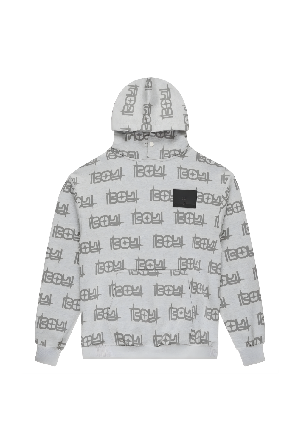 Gray BOY London hoodie with black logo pattern on a white background