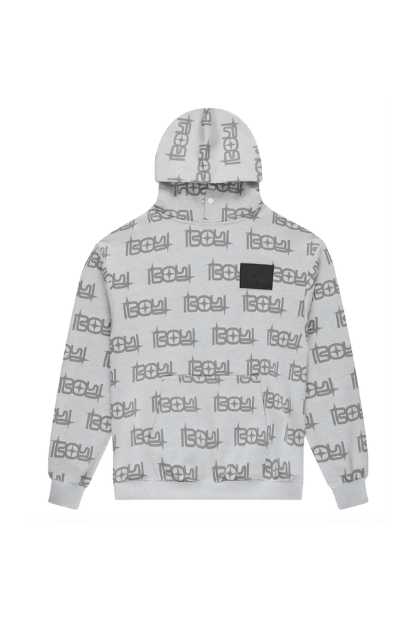 Gray BOY London hoodie with black logo pattern on a white background