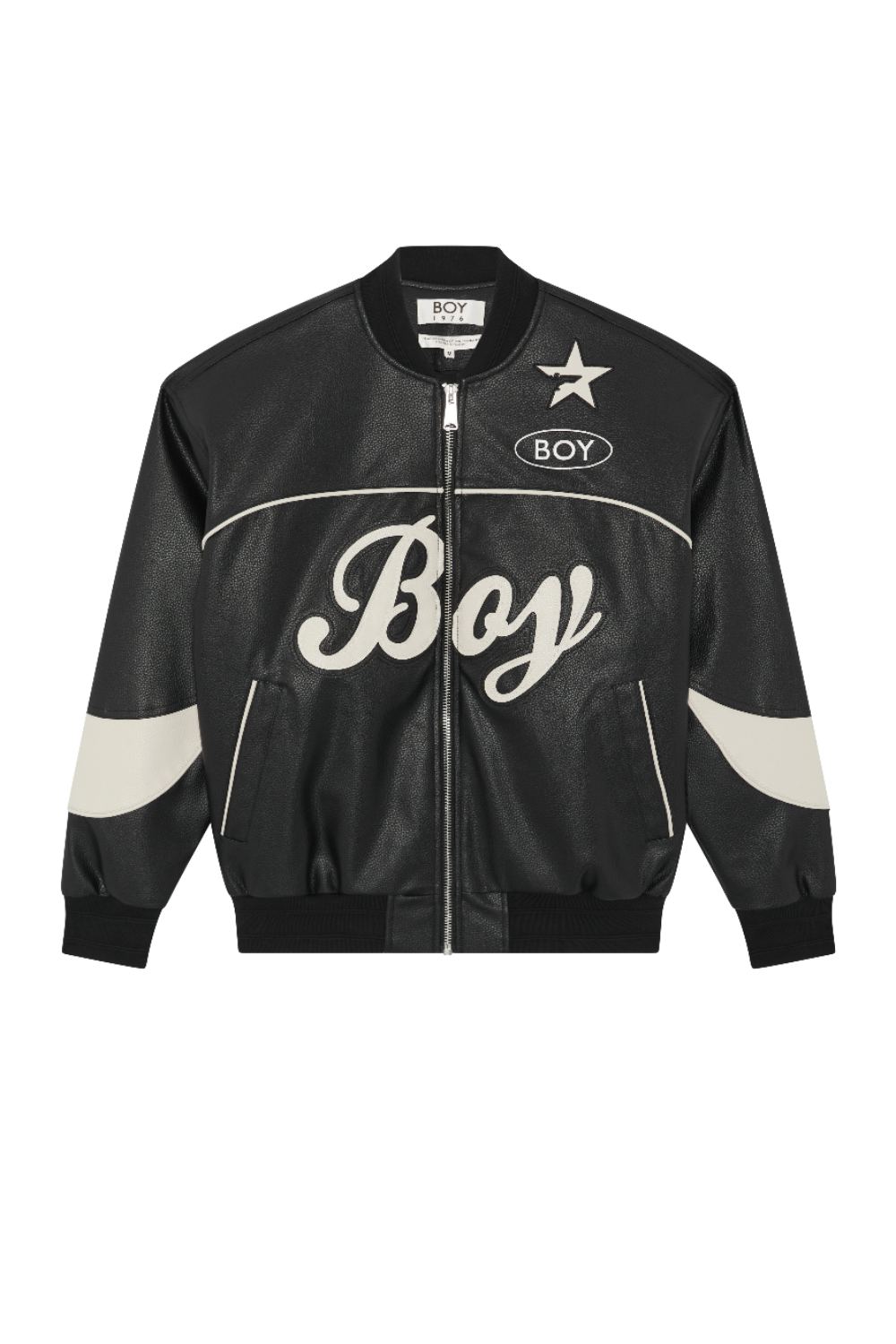 Black jacket with 'Boy' London branding on a white background