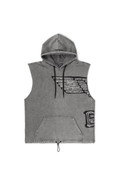 Gray BOY London sleeveless hoodie with branding on a white background
