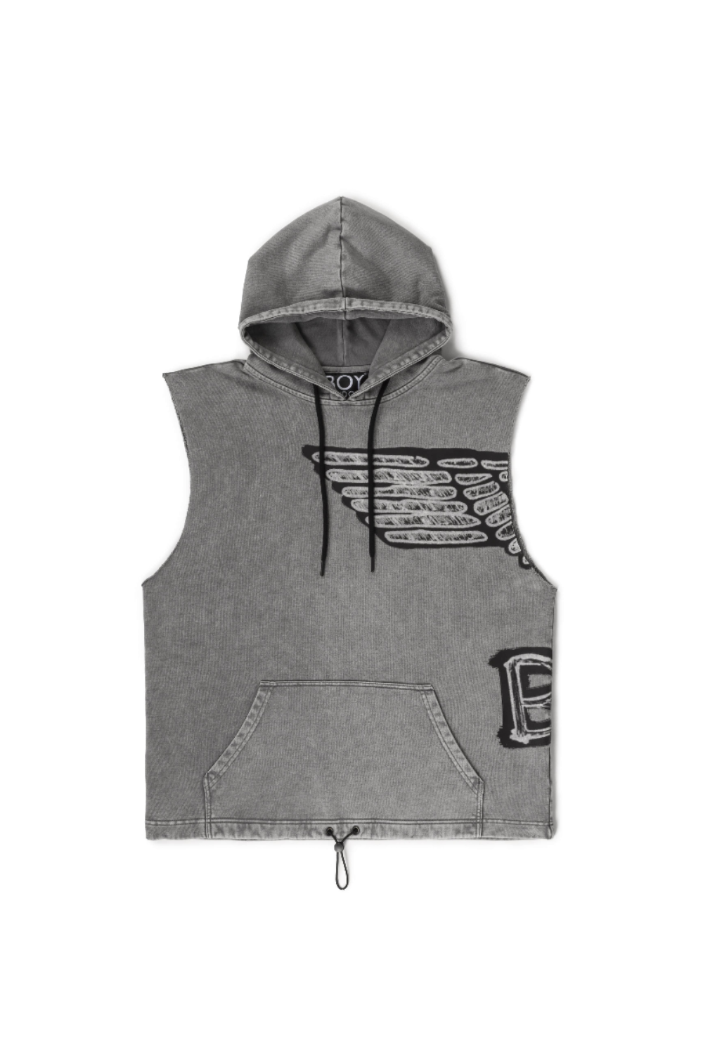 Gray BOY London sleeveless hoodie with branding on a white background