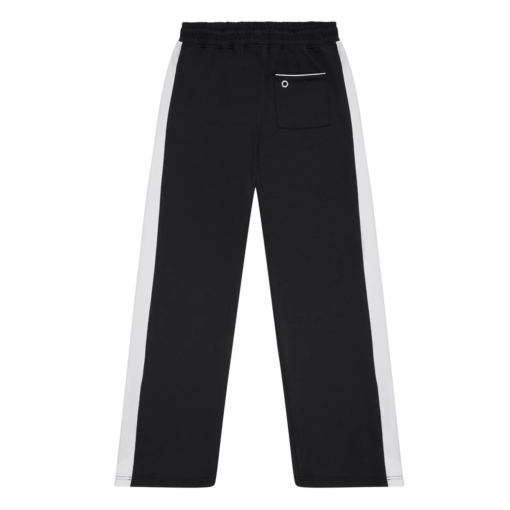 Black pants with a BOY London logo patch on a white background