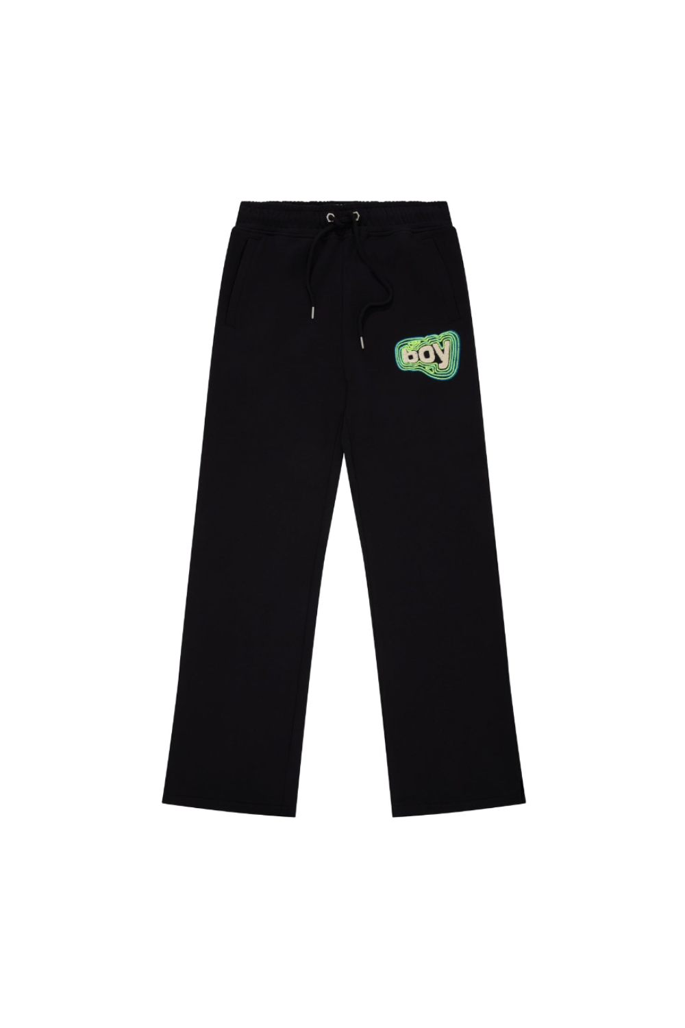 Black pants with a green logo on a white background