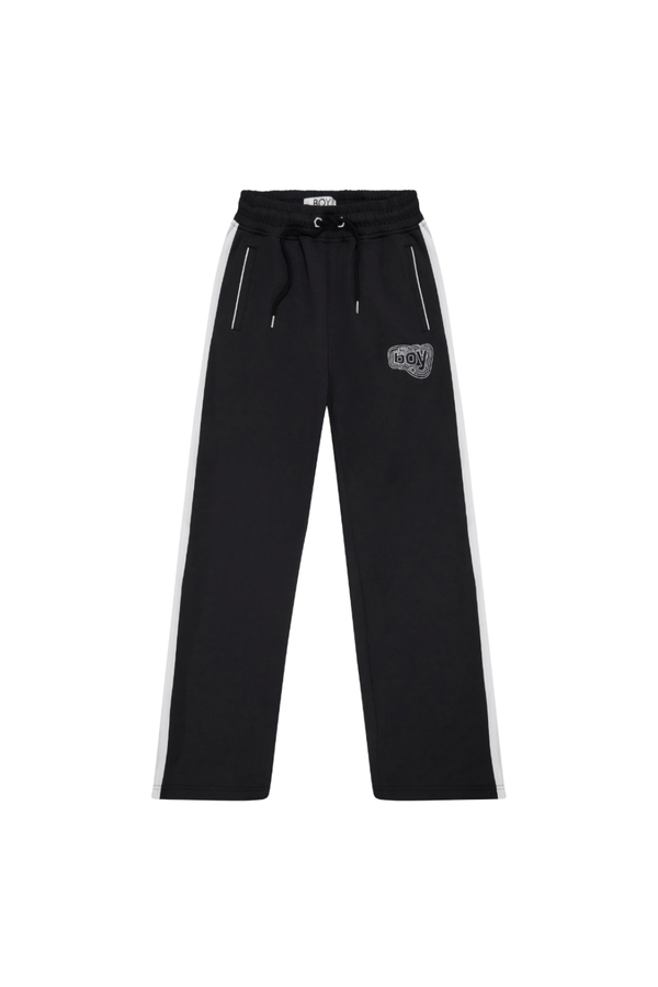 Black pants with a BOY London logo patch on a white background