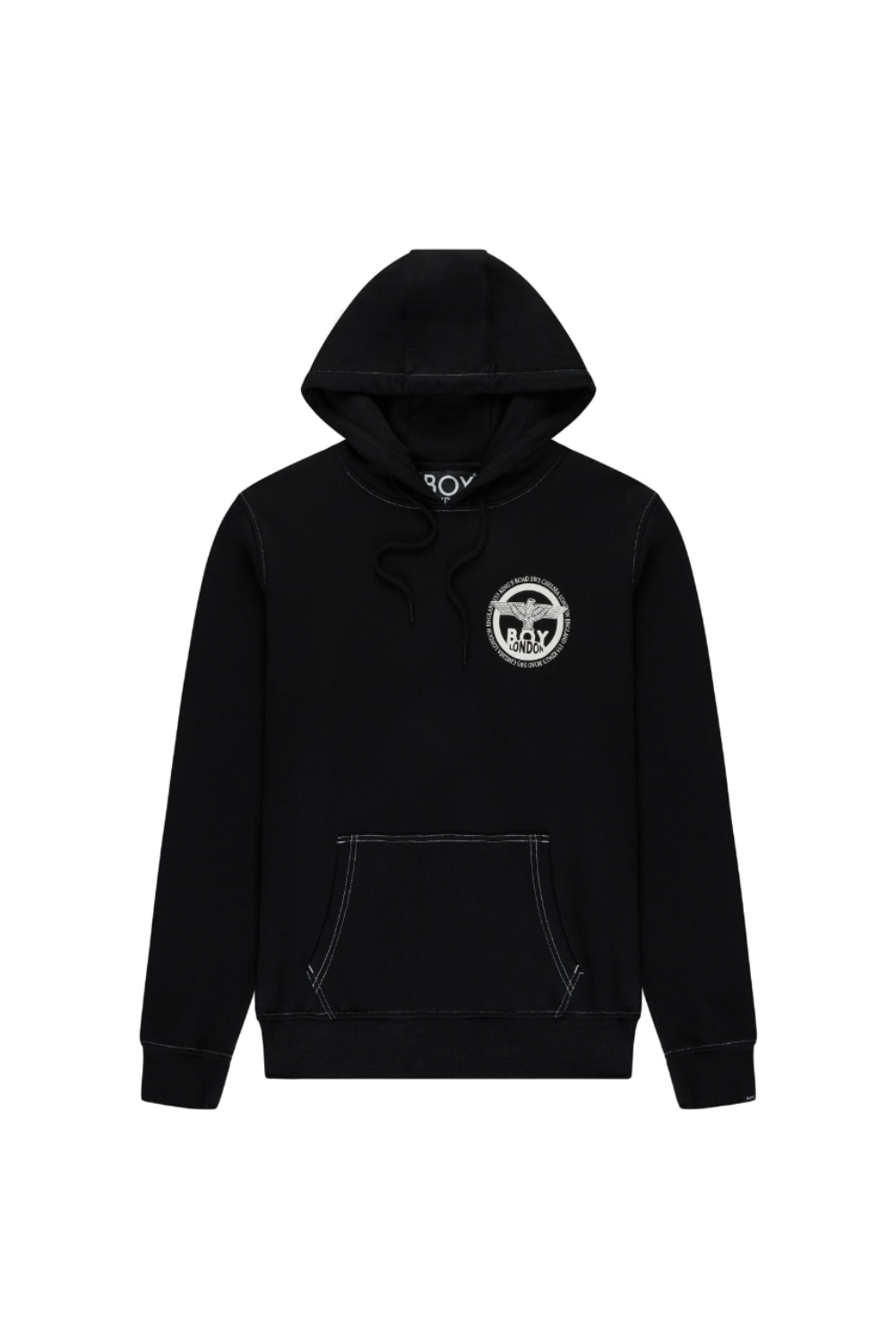 Black BOY London hoodie with a logo on the chest against a white background