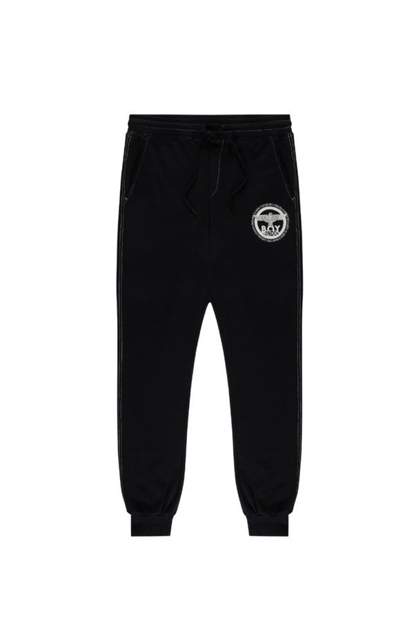 Black BOY London sweatpants with a logo on the left thigh against a white background