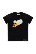 Black BOY LONDON t-shirt with a graphic of a bottle and pills on a white background