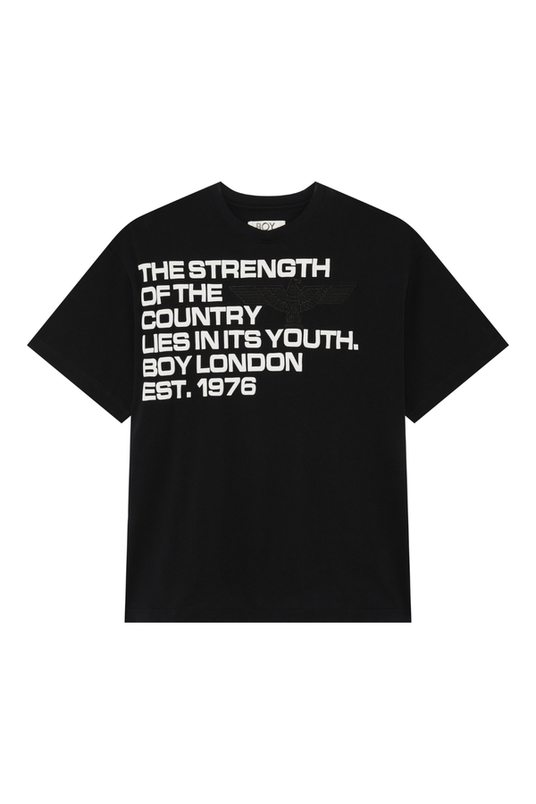 Black BOY London t-shirt with white text on a white background