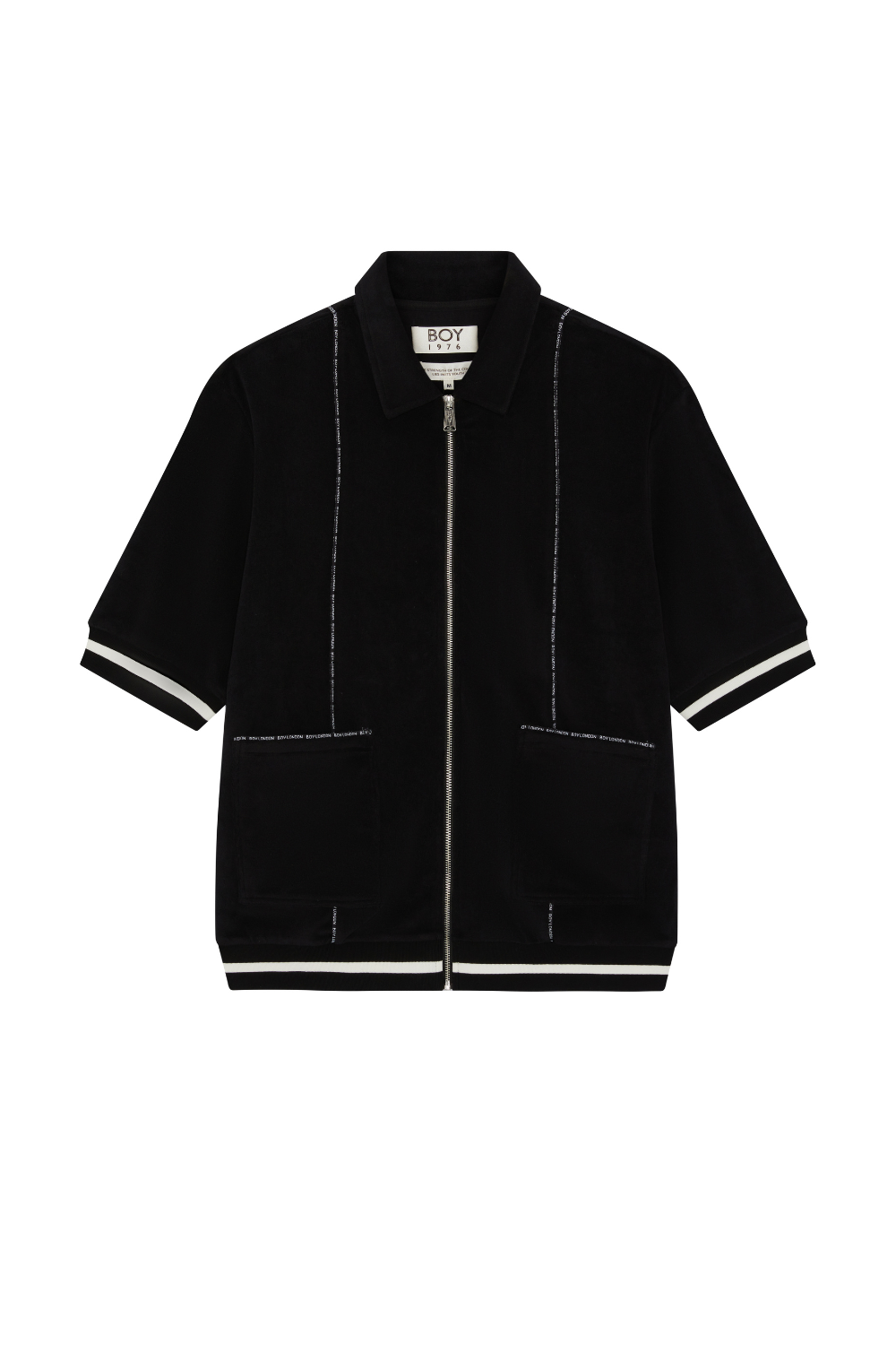 Black BOY London shirt with white trim on a white background