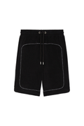Black shorts with white stitching on a white background