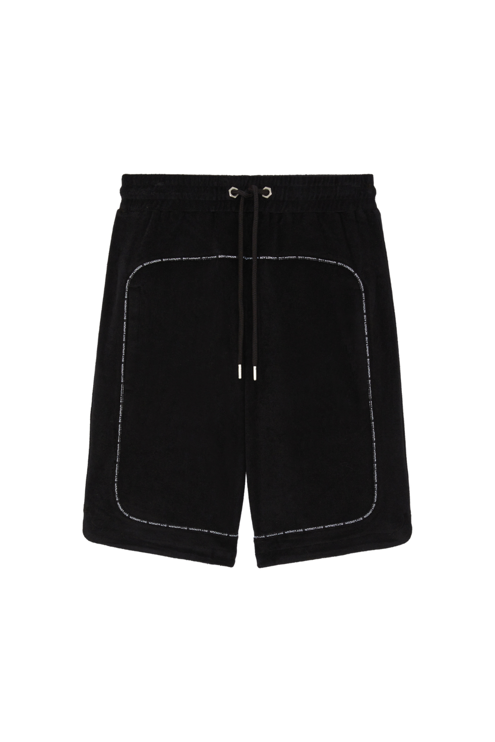 Black shorts with white stitching on a white background