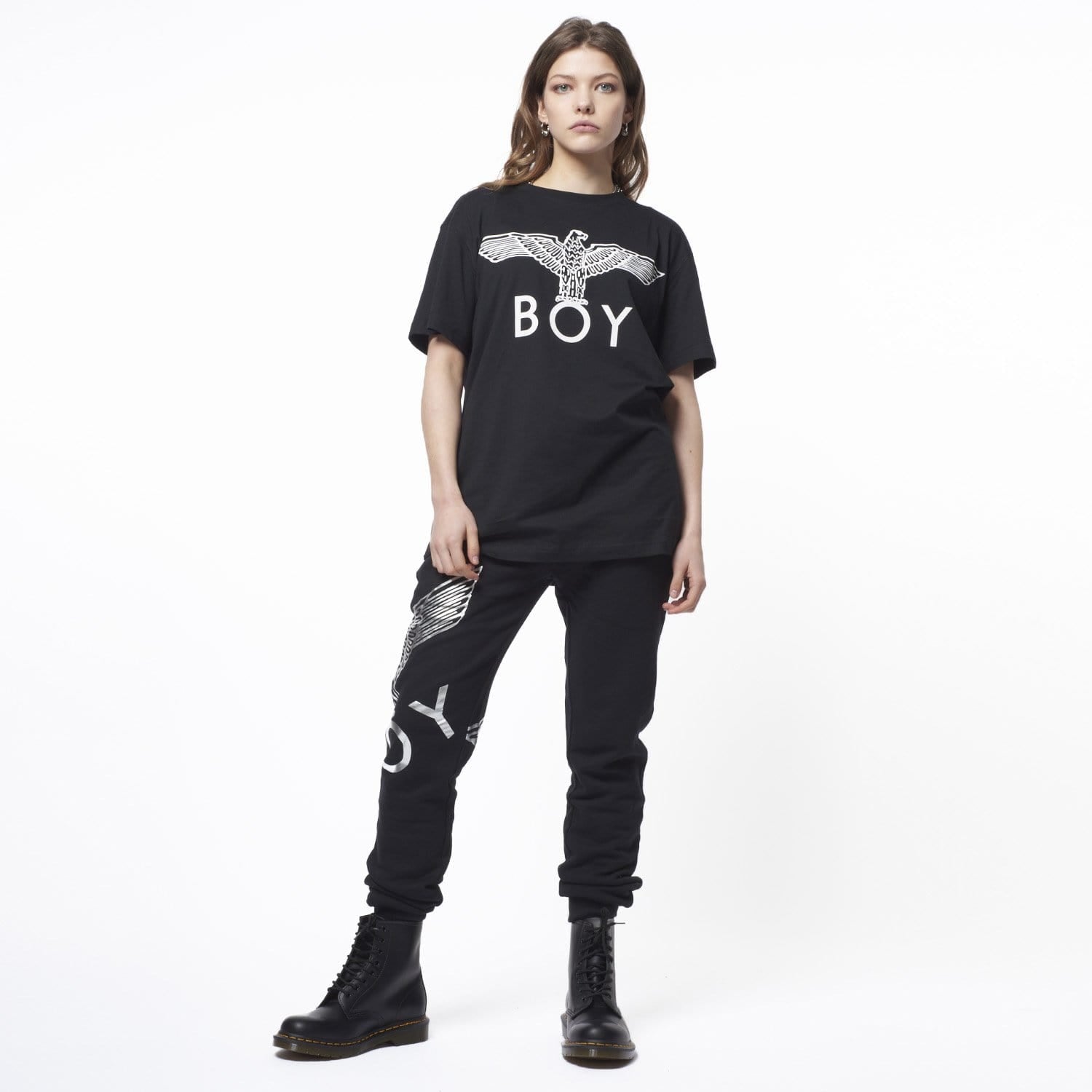 female model wearing BOY EAGLE T-SHIRT - BLACK/WHITE on white background